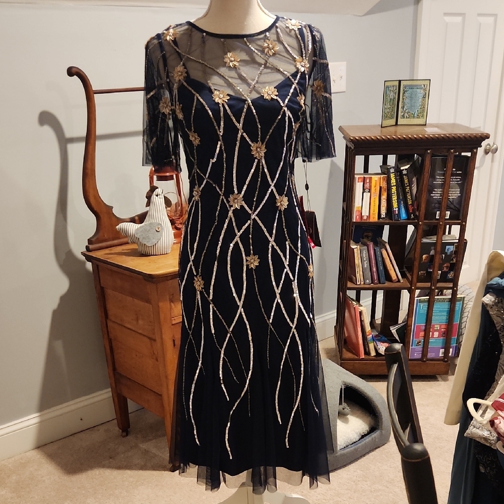 Adrianna Papell Black and Gold Embellished Midi Dress